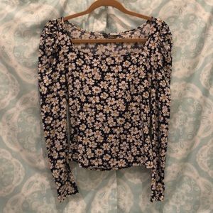 Floral blue, white, and yellow long sleeve top